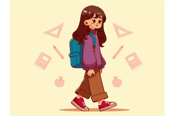 Cartoon Girl with School Bag Illustration