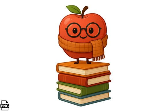 Cozy Apple with Scarf and Books PNG