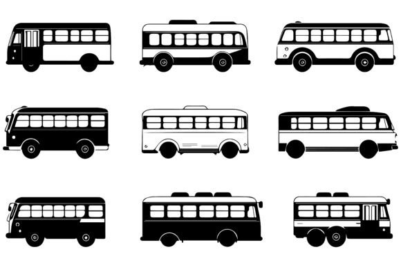 Set of Black Silhouette Bus Vector